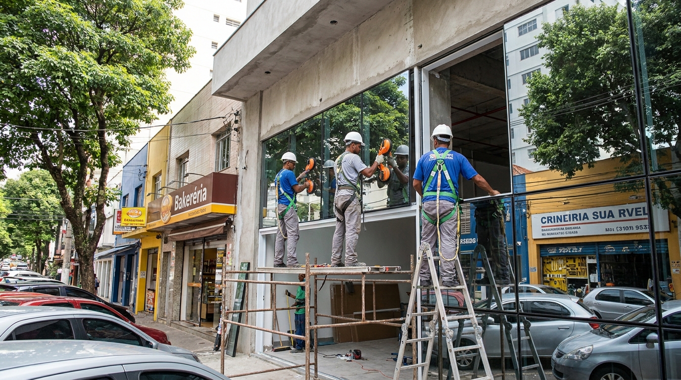 Fachada de vidro com confeitaria vizinha em Osasco-SP