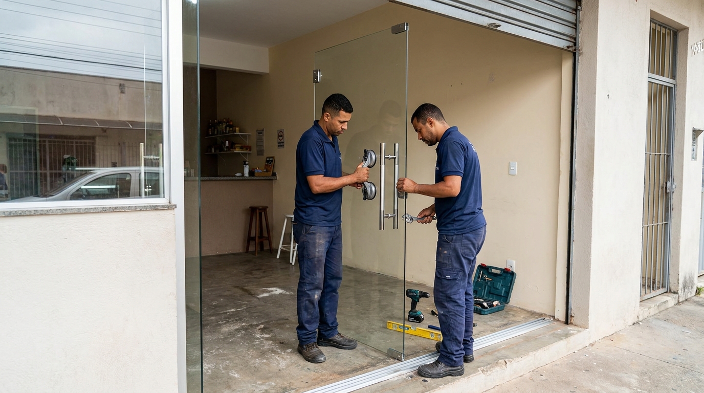 Dupla instalando porta de vidro em loja em Osasco-SP
