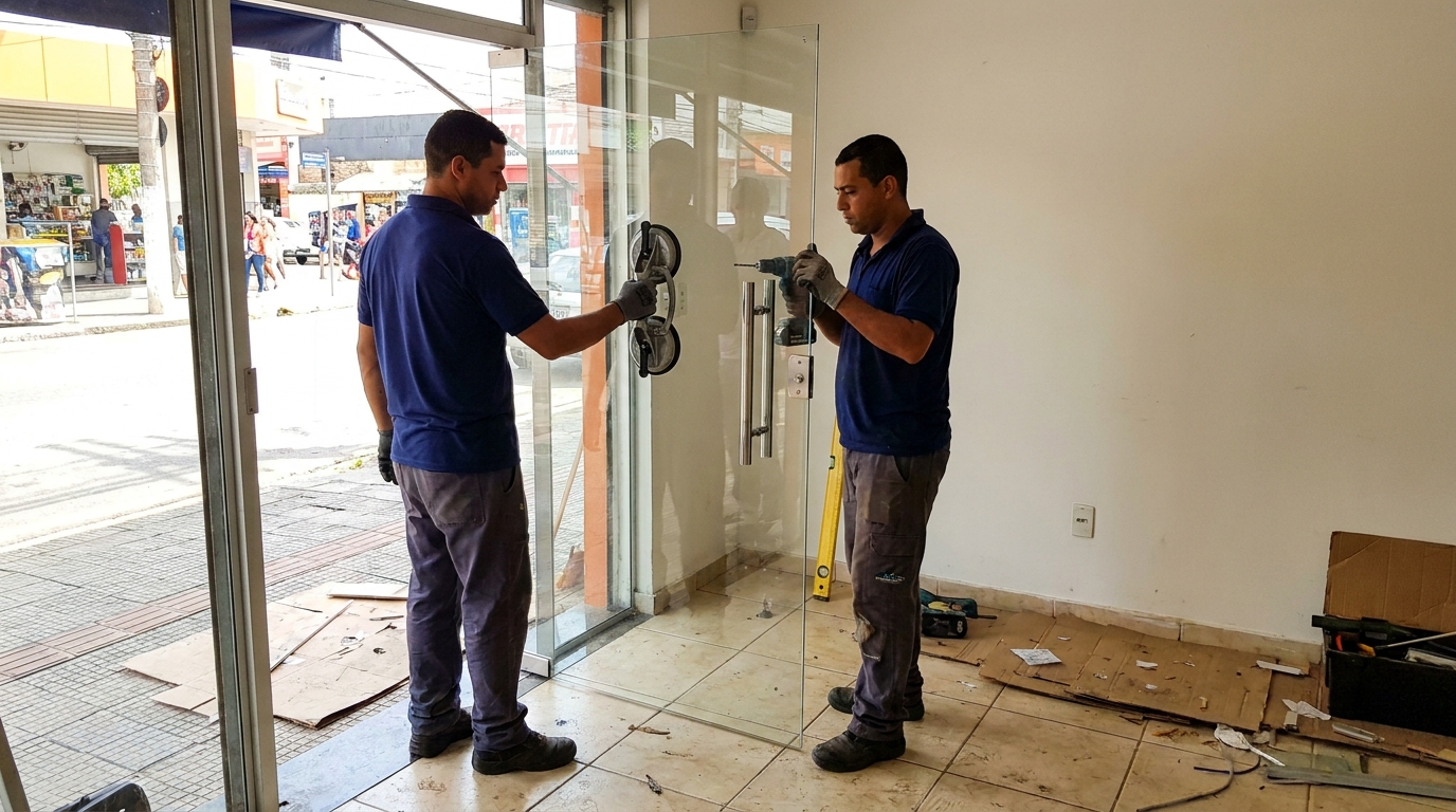 Porta de vidro de loja em rua movimentada em Osasco-SP