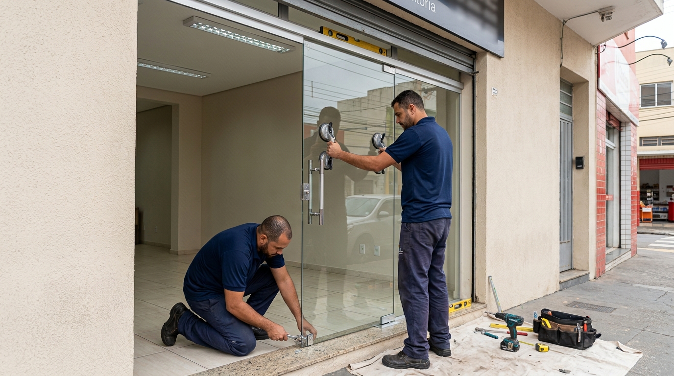 Porta de vidro com puxador inox em Osasco-SP
